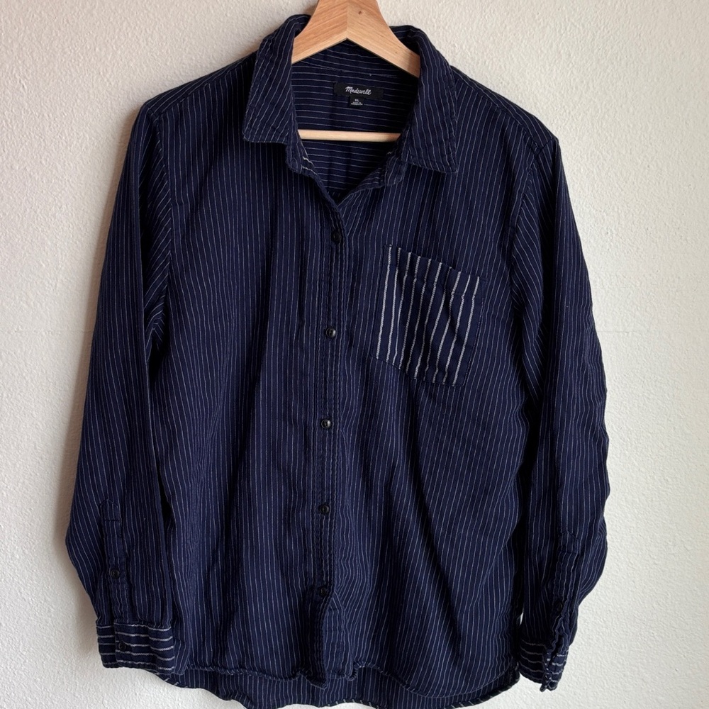 MADEWELL Womens Mixed Print Long Sleeve Navy Stripe Shirt XL